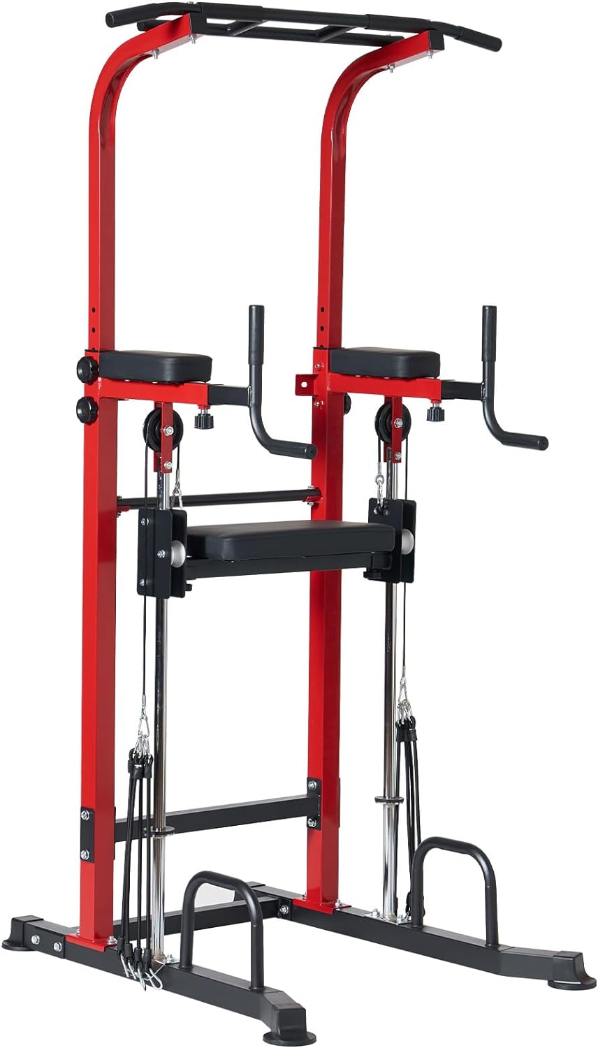  Power Tower Dip Station Pull Up Bar for Home Gym Multi-Function Adjustable Height Strength Training Workout Equipment Red